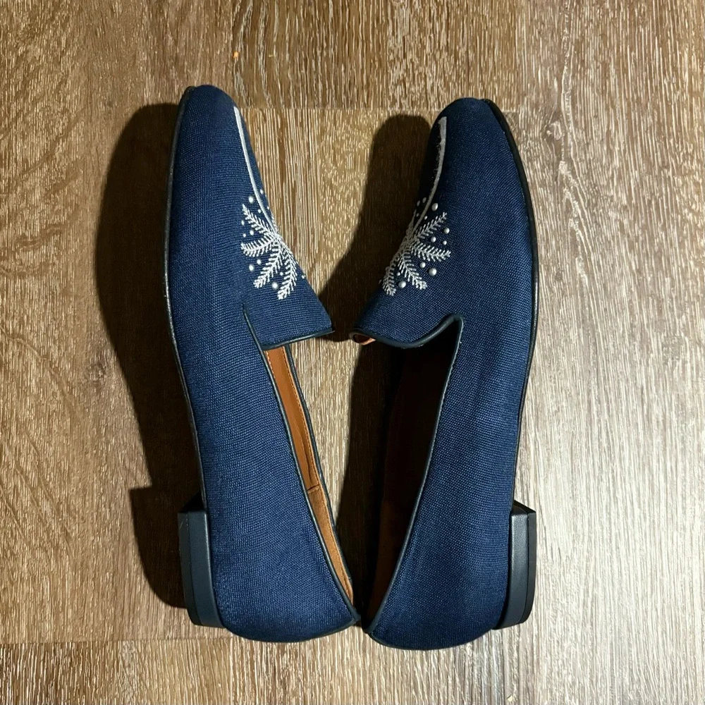 Jon Josef Spain Navy Palm Embellished Linen Loafer Slip On Size 7 Quiet Luxury